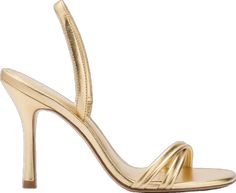 Sleek Gold Heels With Single Toe Strap, Sleek Gold Sandals With Single Toe Strap, Sleek Gold Heels For Summer, Sleek Gold Evening Sandals, Sleek Gold Sandals For Evening, Sleek Gold Sandals With 4-inch Heel, Gold Sandals With Padded Heel For Night Out, Sleek Gold Open Toe Heels, Sleek Gold Heels With Padded Heel