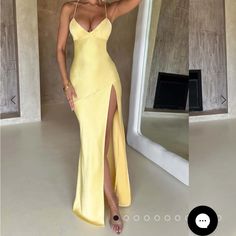 Floor Length Satin Pastel Yellow Dress. Still In Bag. Decided Yellow Just Wasn’t For Me. Brand New Originally $103 Slim Bodycon Dress, Matric Dance, Backless Long Dress, Suspenders For Women, Club Party Dresses, Dress Pretty, Knit Style, Split Dress, Sling Dress