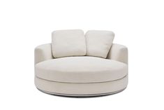 a white round chair with two pillows on the back and one seat upholstered