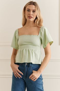 CHANDAIL-9106-VERT-WOMANCE Summer Peasant Top With Smocked Back And Square Neck, Summer Peasant Top With Square Neck And Smocked Back, Summer Square Neck Peasant Top With Smocked Back, Spring Cotton Off-shoulder Top With Ruffles, Casual Smocked Back Tops For Brunch, Vacation Tops With Smocked Bodice And Short Sleeves, Casual Tops With Smocked Back For Brunch, Square Neck Crop Top For Spring Vacation, Summer Vacation Puff Sleeve Top