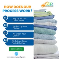 a pile of folded towels with the words how does our process work? on it