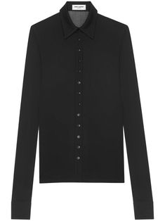 black spread collar front button fastening long sleeves straight hem Sleek Long Sleeve Shirt For Fall, Classic Long Sleeve Tops With Buttons, Black Shirt With Covered Buttons For Work, Sleek Button-up Tops For Fall, Fitted Sleek Shirt For Fall, Sleek Fitted Shirt For Fall, Sleek Fitted Fall Shirt, Classic Long Sleeve Tops With Button Closure, Fall Black Slim Fit Blouse