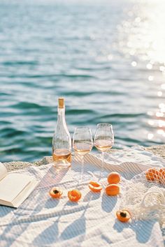 an open book and two wine glasses on a towel near the water with oranges