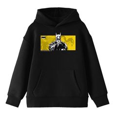 Stay warm and cozy as you celebrate the Caped Crusader with this Batman sweatshirt. The hoodie features a sketch of Batman and his logo in front of a yellow background filled with line art images of the comic book characters. The sweatshirt comes in black with a double-lined hood and a large pouch pocket. Fans of the Batman movies and comic books will love this comfy hoodie. Batman Sweatshirt, Batman Hoodie, Caped Crusader, Black Hooded Sweatshirt, Refashion Clothes, Comfy Hoodies, Cozy Sweatshirts, Long Hoodie, Graphic Hoodie