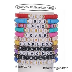 Material: Soft Ceramic Sheet Copper Bead Acrylic Color: ZJ11330 Fashion Element: English Letters Style: Europe and America Taylor Swift Bracelets, Friendship Bracelet Kit, Swift Bracelets, Music Letters, Polymer Clay Bracelet, Clay Bracelet, Elastic Rope, Friend Bracelets, Kids Bracelets