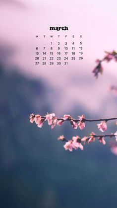 a march calendar with pink flowers hanging from it's side and the sky in the background