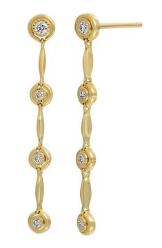 Round diamonds shine in textured settings between bars of 18-karat gold on these handcrafted, linear drop earrings. 1 1/4" drop Post back Total diamond weight: 0.12ct. Color: G Clarity: VS 18k gold/diamond Imported >Diamond Guide Luxury Gold Linear Earrings With Prong Setting, Gold Linear Dangle Earrings With Diamond Accents, Gold Linear Earrings With Single Cut Diamonds, Gold Linear Earrings With Diamond Accents, Modern Gold Diamond Linear Earrings, Gold Linear Diamond-cut Earrings, Yellow Gold Diamond Cut Linear Earrings, Gold Linear Diamond Cut Earrings, Long Drop Linear Earrings With Diamond Accents For Anniversary