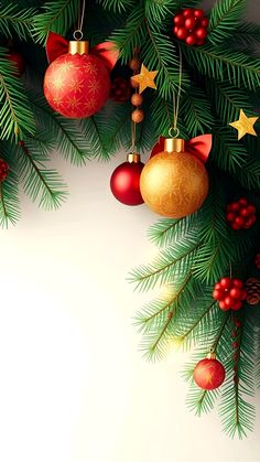 christmas ornaments hanging from the branches of a tree with red and gold baubles