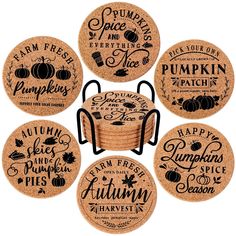 six coasters with the words pumpkin spice and autumn written in different languages on them