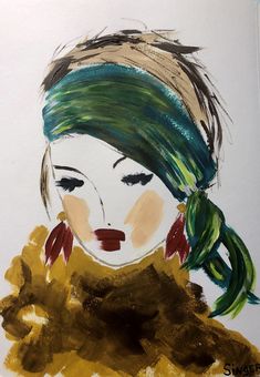 a drawing of a woman with green hair