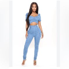 Fashionnova Sassy & Sweet Denim Medium Wash Cutout Jumpsuit. Sz Large. New W/ Tag. Approx 36” Chest, 58” Length. 67% Cotton, 20% Polyester, 11% Viscose, 2% Spandex. Short Pudf Sleeves, Sweetheart Neckline, Cut Out Detail, Ruched Bodice & Side Leggings, Functional Back Zipper, . Great Stretch. Perfect Jumpsuit For Brunch, Night Out, Dinner Date. Black Denim Jumpsuit, Off The Shoulder Jumper, Cutout Jumpsuit, Side Leggings, Spaghetti Strap Rompers, Fashion Nova Pants, Ruched Bodice, Striped Jumpsuit, One Piece Bodysuit