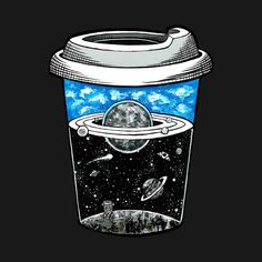 a cup with an image of the earth in it and space around it, on a black background