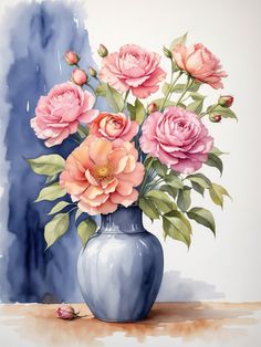 a painting of pink flowers in a blue vase