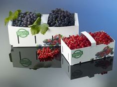 two boxes filled with berries sitting next to each other