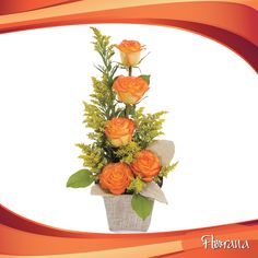 an arrangement of orange roses and greenery in a vase with burlap ribbon