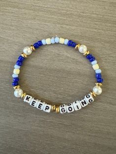 Beaded Letter Word Bracelet "Keep Going" Handmade with love Great quality and will last long Inspirational Blue Beaded Bracelets For Gifts, Blue Inspirational Adjustable Beaded Bracelets, Inspirational Blue Adjustable Beaded Bracelets, Inspirational Blue Bracelets For Friendship, Customized Blue Beaded Bracelets For Everyday, Biblical Affirmations, Clay Bracelets, Artsy Jewelry, Bracelet Inspo