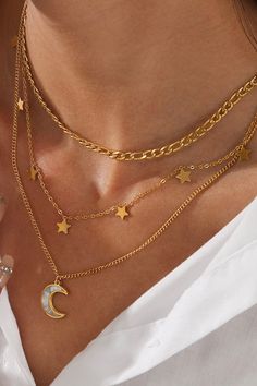 Triple Layer Necklace, Gold Moon Necklace, Double Layer Necklace, Layered Chain, Necklace Layered, Gold Moon, Gold Necklace Layered, Moon And Stars, Girly Jewelry