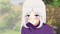 an anime character with white hair and blue eyes wearing a purple shirt in front of trees