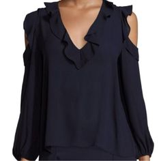 Brand New, Never Worn. Gorgeous Blouse, Looks Fabulous On. Chic, Sophisticated, And Distinct From The Trendy Styles, This One Is Timeless And Versatile. I Would Keep It And Wear It All The Time If It Still Fit, But Sadly Bought It In Early Pregnancy And Have Not Lost The Weight Lol. Size Small. Elegant Blue Blouse For Brunch, Blue Ruffled Tops For Evening, Elegant Cold Shoulder Tops For Spring, Elegant Cold Shoulder Top For Night Out, Elegant Cold Shoulder Tops For Evening, Elegant Cold Shoulder Top For Party, Blue Ruffled Tops For Formal Occasions, Chic Blue Blouse For Night Out, Elegant Cold Shoulder Evening Tops