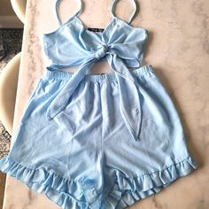 Cute Light Blue Matching Set. Would Be A Cute Beach Cover Up Or For Any Summer Day. Never Worn Beach Covers, Summer Day, Matching Sets, Summer Days, Cover Up, Light Blue, Size 10, Womens Tops, Crop Tops