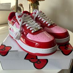 Elevate Your Sneaker Game With These Stylish Bapesta Hello Kitty Sneakers. Featuring A Vibrant Red Colorway And The Iconic Hello Kitty Character, These Sneakers Are Perfect For Any Fashion-Forward Man. Crafted With Quality Materials And Designed With Comfort In Mind, These Athletic Shoes Are Ideal For Daily Wear. The Size 10 Bapesta Hello Kitty Sneakers Are A Must-Have Addition To Any Sneaker Collection. Whether You're Hitting The Gym Or Just Running Errands, These Sneakers Will Keep You Looking Stylish And Feeling Comfortable All Day Long. Don't Miss Out On The Opportunity To Own These Limited Edition Sneakers From A Bathing Ape's Bapesta Product Line. Hello Kitty Bapestas, Red And Pink Shoes, Hello Kitty Bape Shoes, Hello Kitty Sneakers, Bape Shoes, Hello Kitty Characters, Wrestling Shoes, Limited Edition Sneakers, Sneaker Games