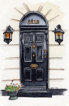 a watercolor painting of a black door with two lanterns on the side and flowers in front