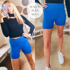 These adorable biker shorts will have all eyes on you when you make it to the finish line! They include a thick band waist, high rise fit, and an 8 inch inseam. Pair these with a sweatshirt or an oversized graphic tee and you'll be set! Victoria is wearing the size O/S. Size Suggestions: One Size: 2-10 Plus Size: 12-16 Fabric Content: 92% Polyester 8% Spandex Care Instructions: Hand wash, cold. Do not bleach. Hang to dry. SKU: 213678 Trendy Activewear With Built-in Shorts Mid-thigh Length, Trendy High-waisted Shorts For Gym, Trendy High-waisted Shorts For Gym Activewear, Trendy Mid-thigh Length Biker Shorts For Gym, Trendy Mid-thigh Length Activewear For Gym, Blue Compression Biker Shorts For Workout, Trendy Short Length Activewear For Streetwear, Trendy High-waisted Shorts Activewear For Spring, Trendy High-waisted Shorts For Sports