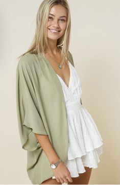 Chance Encounter Light Olive Kimono Spring Flowy Wrap Cover-up, Chic Spring Layering Cover-up, Chic Wrap Cover-up For Spring, Chiffon Kimono For Spring Vacation, Spring Vacation Chiffon Kimono, Chic Flowy Open Front Cover-up, Spring Beach Blouse With Kimono Sleeves, Kimono Sleeve Blouse For Beach In Spring, Kimono Sleeve Blouse For Beach And Spring