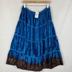 Nwt Y2k Mix Nouveau Blue Purple Embellished Velvet Skirt Size Large Measurements: Waist, 15.5”, Total Length, 32” New With Tags Summer Embellished Blue Skirt, Summer Blue Embellished Skirt, Embellished Blue Skirt For Summer, Grey Maxi Skirts, Sari Skirt, Floral Wrap Skirt, Long Jean Skirt, Grey Maxi, Burgundy Skirt