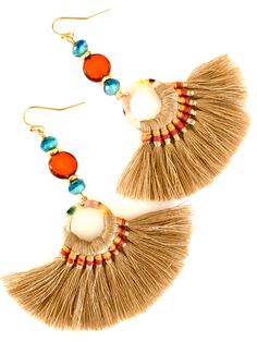 "Summery woven fan tassel earrings in sandy beige with burnt orange and aqua Czech glass accents. Tan fan tassels are woven with orange accents on acetate rings. Measure 70 x 45mm. Burnt orange Picasso coin beads and Mykonos aqua blue Czech glass beads add fun colors. Earrings hang from gold plated French hooks. Total length is 3 1/2\". Lightweight and summery!" Brown Dangle Tassel Earrings For Summer, Beach Earrings With Latkans, Summer Beach Tassel Earrings With Latkans, Brown Bohemian Tassel Earrings For Summer, Bohemian Brown Tassel Earrings For Summer, Multicolor Beaded Tassel Earrings For Beach, Beach Jewelry With Brown Tassels, Brown Tassel Earrings For Summer, Summer Brown Tassel Earrings