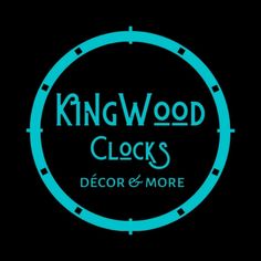 the logo for kingwood clocks decor & more, which is blue and black with an oval