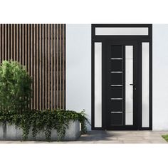 a black and white door is next to a plant