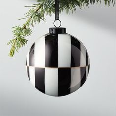 a black and white striped ornament hanging from a christmas tree with pine branches