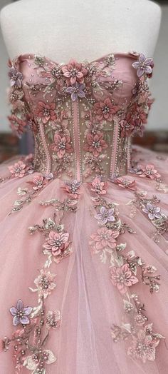 Off the Shoulder Lavender Sequin 3D Floral Quinceanera Dresses | KissProm Prom Dress Enchanted Theme, Quince Dress Corset Top, Quinceanera Dresses Pink Princesses, Whimsical Quinceanera Dress, Enchanted Theme Dresses, Princess Sweet 16 Dress, Pink Quince Dresses Elegant, Pink Enchanted Dress, Pink Butterfly Prom Dress