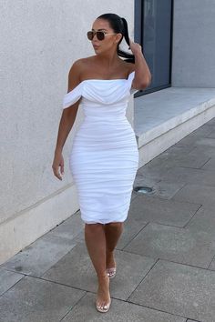 White Dress With Heels Outfit, White Dresses For Women Wedding, White Off Shoulder Dress Classy, Post Partum Dress, All White Party Outfits For Women, White Party Dress Classy, White Cocktail Dress Classy, Bachlorette Dress, Courthouse Wedding Dress Civil Ceremony