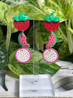 "\"Fruit Salad\" Strawberry Watermelon Dragon Fruit Pitaya Slice statement Earrings! They are super lightweight and so stinking cute, ohh did I mention the! 😊 I love these, I know you guys hear me say I love everything that I do😁 I will have a will eventually make more frooty hoops! 😘 If you need the measurements for the full set of 4 fruits it's 3.5\" with 3 fruits it's 2.5\",if you need more details free to message me. Also you have the option of a gold or a silver hooks/hoops Let me know y Fun Pink Hoop Earrings As Gift, Fun Pink Hoop Earrings For Gift, Pink Fun Hoop Earrings As Gift, Trendy Green Jewelry With Fruit Design, Trendy Pink Jewelry With Fruit Design, Funky Red Handmade Jewelry, Multicolor Fruit Design Earrings For Gift, Fun Pink Jewelry With Fruit Design, Trendy Green Earrings With Fruit Design