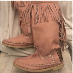 Original Hector Riccione Indianino Boots With Fringe Custom Made Size 7. Made In Italy Cost $250 Plus Tax & Shipping!! Color Is Flesh Salmon. Worn Once Around The House. Leather Fringe Boots For Fall, Festival Leather Fringe Boots, Bohemian Leather Boots With Fringe, Leather Fringe Boots With Closed Toe, Leather Boots With Fringe And Round Toe, Brown Leather Fringe Boots, Custom Made, Boots, The Originals