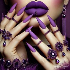 Transform your beauty space with this luxurious art print, featuring matte purple lips and complementing nails adorned with stunning jewelry. This piece exudes sophistication and elegance, perfect for adding a touch of glamour to any salon, boutique, or personal vanity. The vivid purple tones and detailed accessories are captured in high-quality print, ensuring a striking display that draws admiration and attention. Key Features: Available for Personal and Commercial use High-Resolution Quality: Purple Designer Nails, Matte Purple Nail Designs, Purple Theme Nails, Rich Purple Nails, Trendy Nails Stiletto, Fall Purple Nails, Purple Nails Pointy, Purple Fantasy Nails, Dark Purple Glam Nails