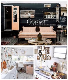 the interior of a mobile home with furniture and decor on display in different stages of construction