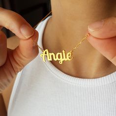 Gold Plate Name Necklace, Angie. A stylish personalized name necklace in 925 sterling silver or 14k gold plated. Great gift as a silver name necklace for kids. May it be for Christmas, Graduation, Weddings or any other occasion, gold name necklace, the gift for her. Angie Gold Name Necklace, Personalized Name Necklace, Angie Silver Name Necklace For Kids, Necklace For Women, Christmas Gift For Her This is a 925 Sterling Silver Name Necklace, Letter Necklace with any name or word of your choosing Gold Necklaces With Custom Text For Gift, Custom Text Nameplate Necklace For Birthday Gift, Custom Text Gold Necklace For Gift, Adjustable Nameplate Necklace For Birthday Gift, Adjustable Personalized Gold Name Necklace, Gold Necklaces With Custom Text For Birthday Gift, Adjustable Yellow Gold Name Necklace, Adjustable Name Necklace For Gifts, Adjustable Nameplate Necklace For Gift