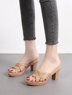 Women Criss Cross Chunky Heeled Mule Sandals, Vacation Black Heeled Sandals | SHEIN USA Casual Party Wedge Sandals With Wooden Heel, Beach Block Heels With Padded Heel And Round Toe, Casual Spring Block Heels With Round Toe, Open Toe Platform Block Heels For Beach, Casual Synthetic Block Heels With Round Toe, Casual Platform Block Heels For Beach, Trendy Block Heels For Beach, Casual Summer Platform Block Heels, Casual Sandals With Wooden Heel For Party