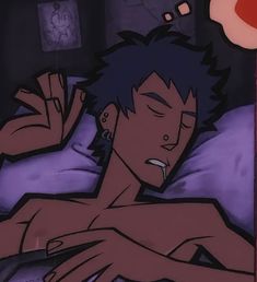 an anime character laying in bed with his hand on his chest and eyes closed, looking at the camera