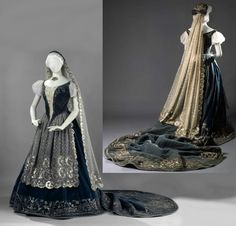 Lady's blue silk gala attire, made in 1867 for the Hungarian coronation of Franz Joseph I (also Emperor of Austria). After minor alterations, the ensemble was worn by Gabriella Szecsenyi to the coronation of King Charles IV of Hungary in 1916. Collection of Hungarian National Museum (link: https://mnm.hu/en/exhibitions/modern-and-contemporary-history/endurance-compromise-and-economic-boom?_ga=2.37785515.926254191.1498843327-1533924481.1498586984). Gala Attire, Coronation Gown, Coronation Of King Charles, 19th Century Women, Mariano Fortuny, Vintage Attire, Contemporary History, Medieval Dresses, Franz Joseph