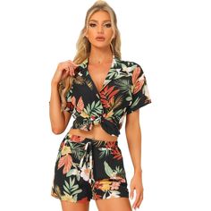 Are you planning a summer vacation? Make sure to pack a stylish ensemble that's perfect for any occasion! Consider packing a short-sleeved shirt and casual shorts with a trendy Hawaiian floral leaf pattern. This fresh and fashionable outfit is perfect for any summer activity, whether it's a carnival, festival, vacation, beach trip, or even a theme party. You're sure to receive many compliments with this Hawaiian floral outfit, making it a perfect choice for any summer event. It also makes a grea Casual V-neck Summer Set, Summer V-neck Hawaiian Shirt, Trendy Summer Short Sleeve Set, Trendy Summer Sets With Short Sleeves, Trendy Summer Set With Short Sleeves, Short Beachwear Tops For Summer, Casual V-neck Hawaiian Shirt For Beach, Summer Hawaiian Shirt With Floral Print For Beach, Summer Beach Hawaiian Shirt With Floral Print