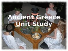 four children sitting around a table with an ancient greek unit study title overlayed