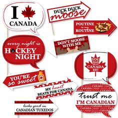 red and white canada photo booth props with canadian flags, signs, and speech bubbles