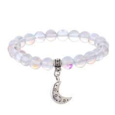 Moonstone Crescent Charm Bracelet Silver Bracelet With Moon Charm And Round Beads, Silver Bracelets With Moon Charm And Round Beads, White Moonstone Jewelry With Moon Charm, Silver Beaded Bracelets With Moon Charm As Gift, Spiritual Moonstone Jewelry With Gemstone Beads, Adjustable Spiritual Moonstone Bracelets, White Moon-shaped Celestial Jewelry, White Moon Shaped Celestial Jewelry, White Celestial Moon Jewelry