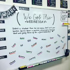 a white board with writing on it that says we got this wednesday and has been pinned to the wall