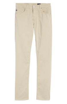 Softly sueded stretch sateen brings relaxed comfort to classic five-pocket pants in an easygoing slim-leg cut. 33" inseam; 14" leg opening; 10" front rise; 14 1/2" back rise (size 32) Zip fly with button closure Five-pocket style 97% cotton, 3% elastane Machine wash, tumble dry Imported Classic Slim Fit Mid-rise Chinos, Classic Chinos With Straight Hem And Five Pockets, Beige Slim Fit Straight Leg Chinos, Classic Straight Chinos For Fall, Classic Straight Chinos With Five Pockets, Slim Fit Mid-rise Classic Chinos, Fitted Straight Leg Bottoms For Casual Gatherings, Classic Straight Leg Chinos For Everyday, Classic Tapered Pants With Five Pockets