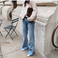 Look And Feel Your Best In The Amazing High Rise Raw Hem Flare Jeans From Oak & Poppy So Many Possibilities And In Love With The Light Wash Definitely A Keeper For Every Closet Flare Jeans Outfits Winter, Flares And Boots, Light Flared Jeans Outfit, Flare Bootcut Jeans Outfit, Flare Jeans Work Outfit, Chic Blue Winter Jeans, Trendy Light Blue Bottoms For Fall, Thanksgiving Outfit Jeans, Blue Jeans For Day Out In Fall